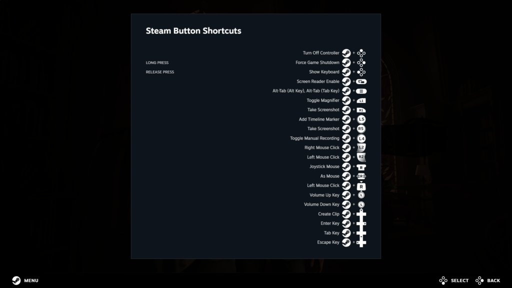  Lista oletuskomennoista, joita Steam Controller käyttää, kun avattuna on peliohjaimille suunniteltu “big picture”. Oletusarvoisesti kosketuslevy liikuttaa hiirtä vain pitämällä logonamiskaa samanaikaisesti pohjassa. (Kuva: Kuvakaappaus Steamista)